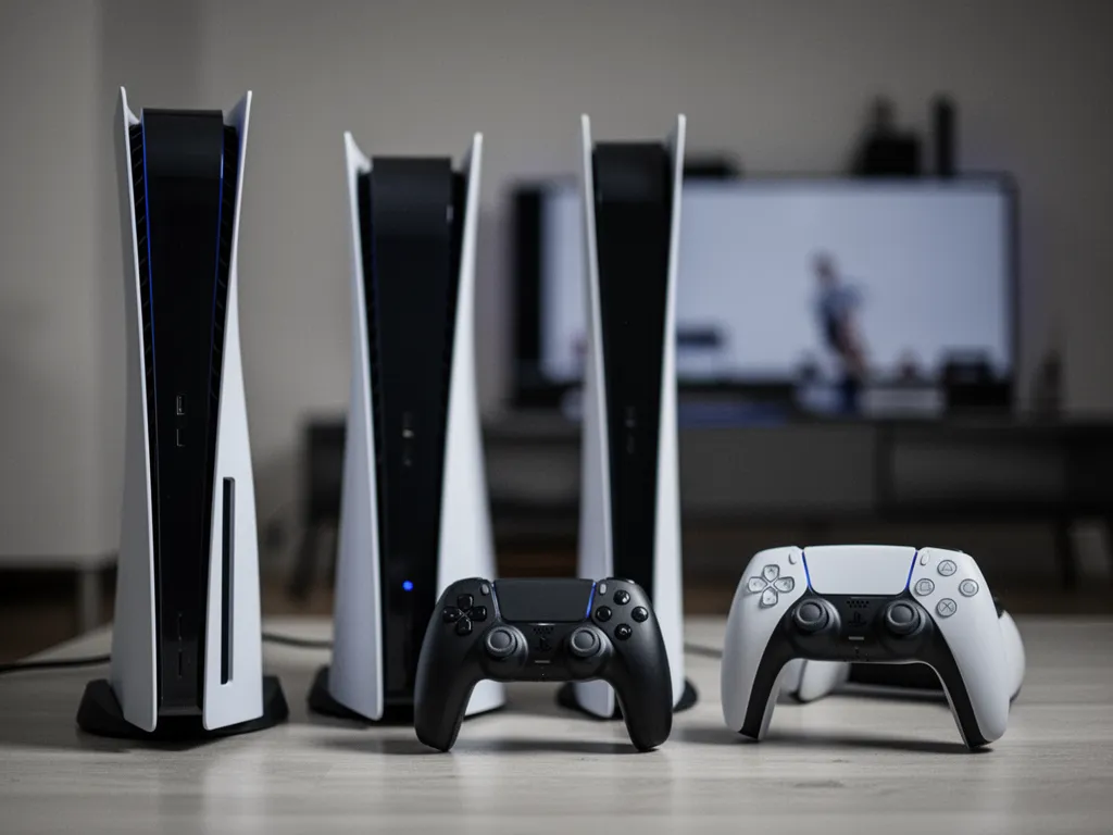 Trois modèles de PlayStation 5 alignés : l'édition Standard, la Slim et la Pro, leurs lecteurs de disque et leurs façades