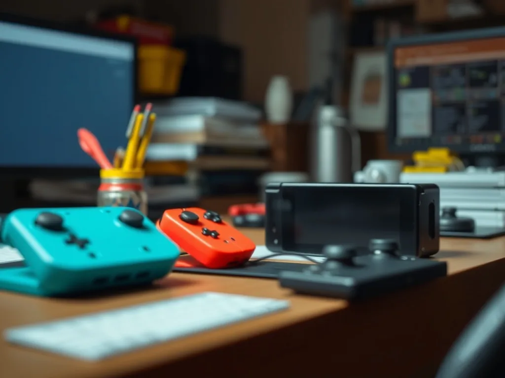 Une Nintendo Switch posée à plat, l'écran affiche le menu Homebrew Launcher avec plusieurs applications non officielles, un