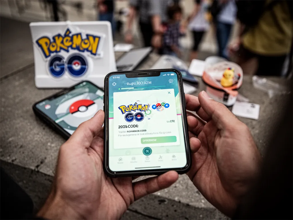 Écran de smartphone affichant Pokémon Go avec une interface de saisie de code promo et des objets de récompense en jeu