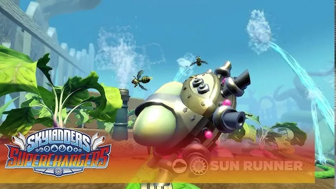La figurine du véhicule Sun Runner de Skylanders SuperChargers, une soucoupe volante aux tons blancs et or posée sur un fond