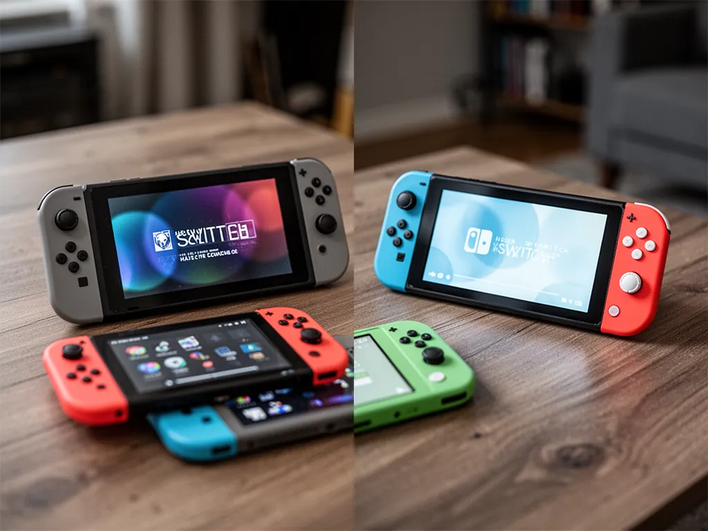 Comparaison visuelle entre l’écran OLED de la Nintendo Switch et l’écran LCD de la Switch Lite, posées côte à côte sur une
