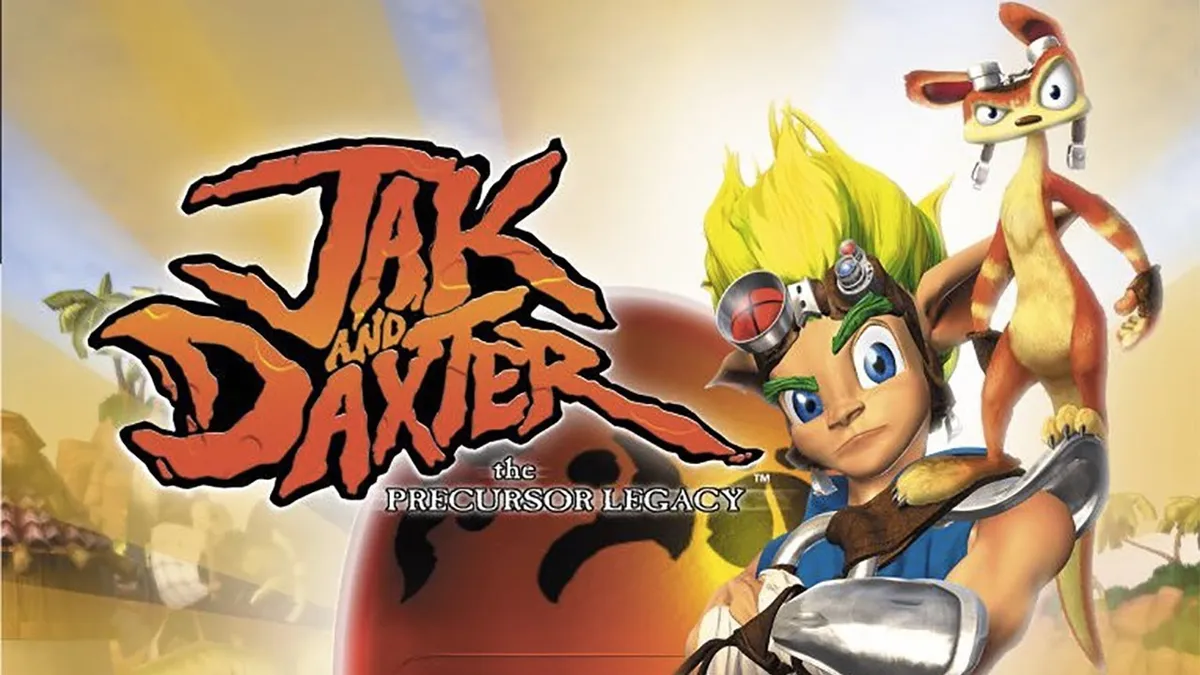 Jak contemple un paysage de jungle et de ruines antiques, Daxter perché sur son épaule, dans une lumière de fin d’après-midi