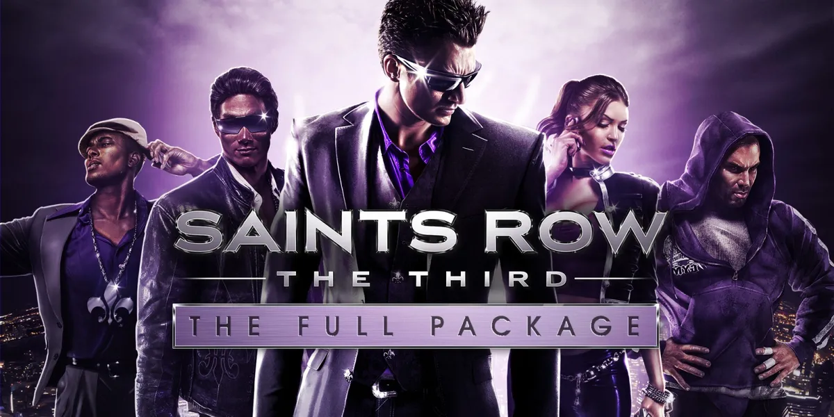 Personnage déjanté de Saints Row: The Third brandissant un pistolet à requins au milieu d'une rue de Steelport, avec une