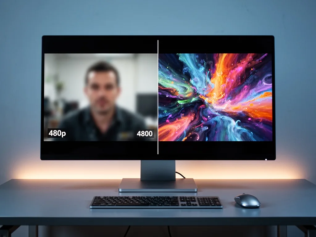 A large monitor displaying two video frames side by side, left blurry 480p, right crisp 1080p with vibrant colors, desk 